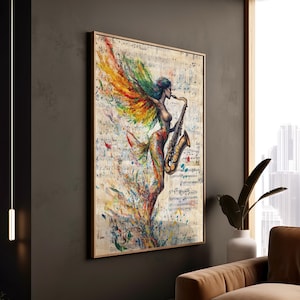 Stampa artistica di una donna che suona il sassofono, tema musicale astratto colorato, spartiti musicali su tela per la decorazione murale unica degli amanti del jazz.