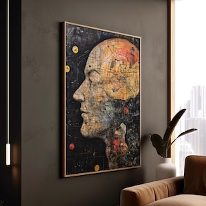 Abstrakte Psychogeographie Druck Mind Map Porträt Leinwand Surreale kosmische Elemente Dekor zum Nachdenken anregende intellektuelle gerahmte Kunst