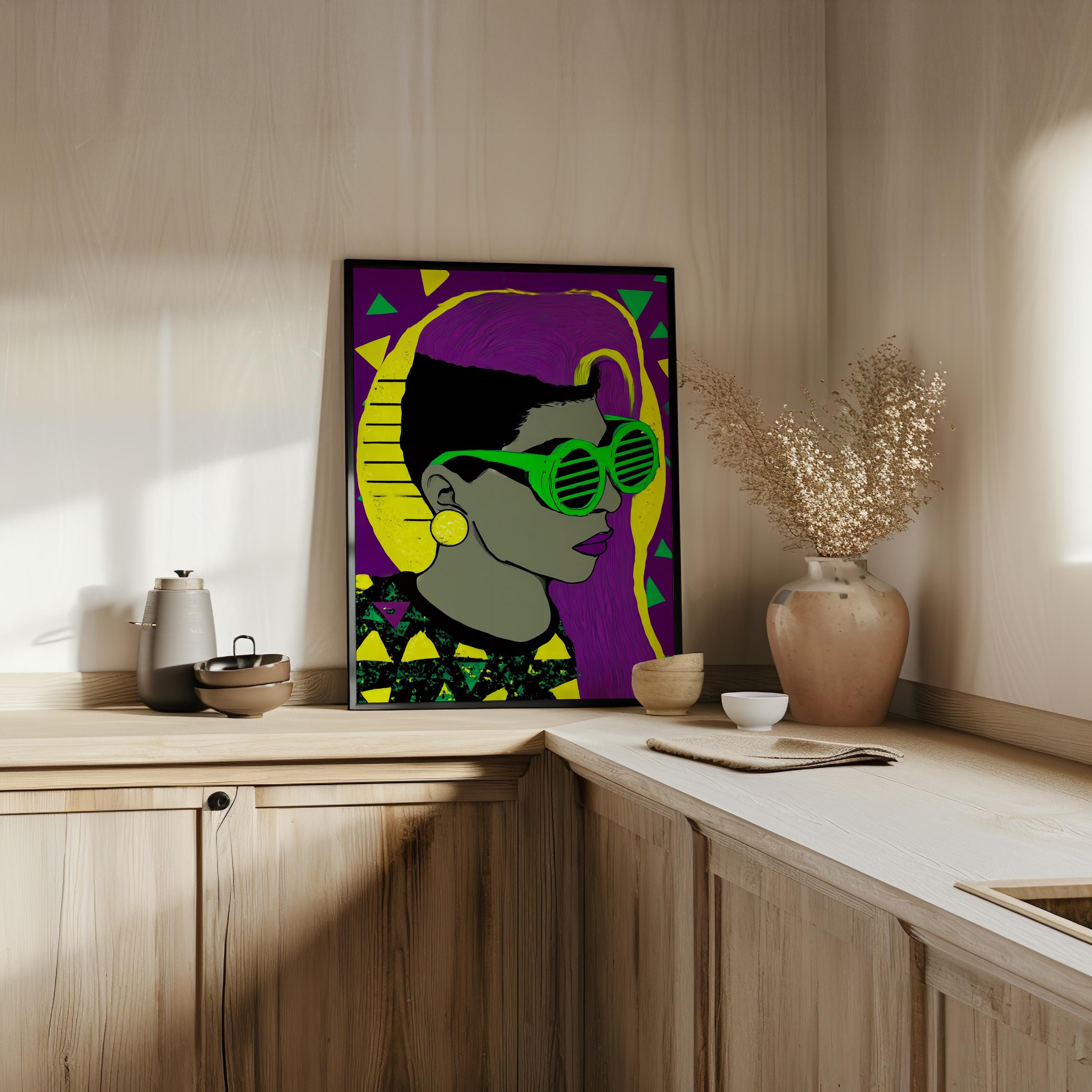Shutter Shades, Pop Portrait Wall Art - Chartreuse, Purple, Black