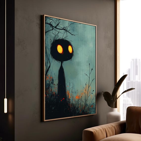 Surreal Creature Wall Art, Gothic Foggy Forest, Glowing Eyes, Moody Atmosphere