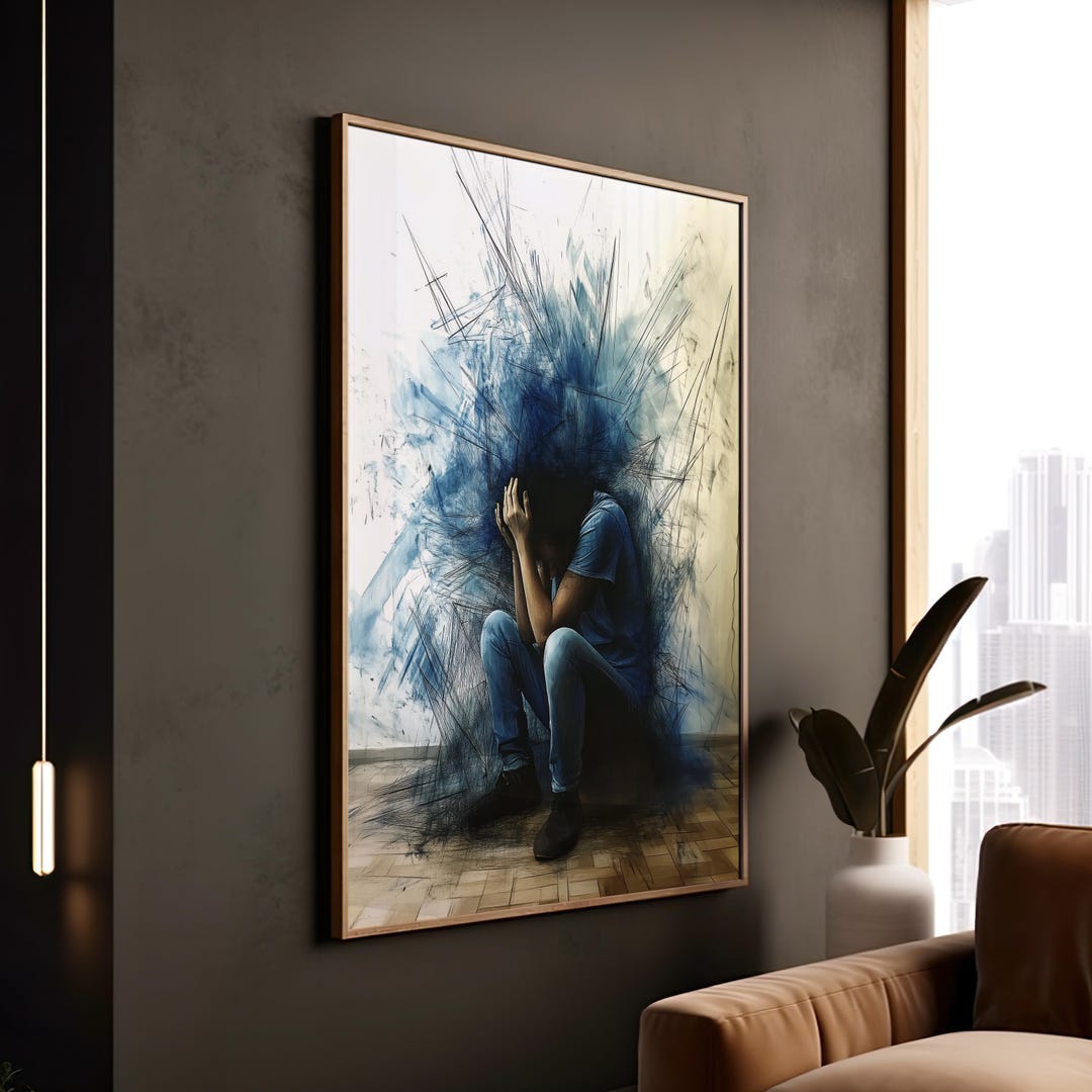 Abstract Anxiety Art Print: Blue Cloud Figure, Mental Health Wall Decor ...