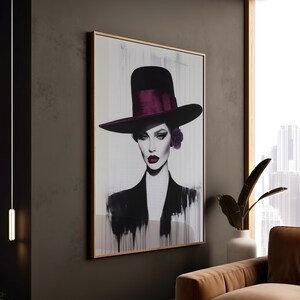 Elegante donna cappello viola stampa chic monocromatico moda ritratto tela decorazione sofisticato stile ad alto contrasto incorniciato arte bellezza