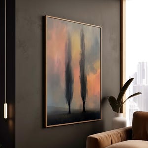 Stampa artistica di alberi di pioppo Tramonto Crepuscolo Cielo Paesaggio minimalista Stile astratto Poster su tela Incorniciato Camera da letto Soggiorno Moody Sereno