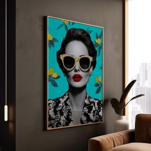 Pop Art Donna Occhiali da sole Stampa Retro Moda Ritratto Labbra Rosse Tela Decorazione Chic Sfondo Verde Acqua Stile Leopardo Arte Con Cornice