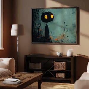a living room with a painting on the wall