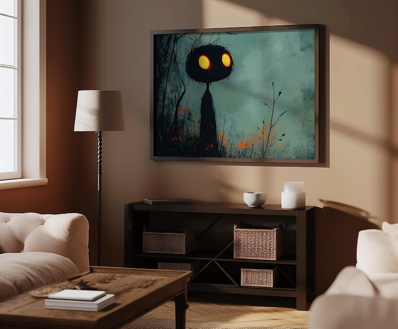 a living room with a painting on the wall