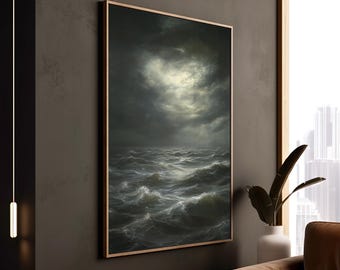 Moody Stormy Seascape Print Dramatic Clouds Ocean, Dark Atmospheric Coastal Canvas Decor, Powerful Turbulent Sea Framed Art Decor