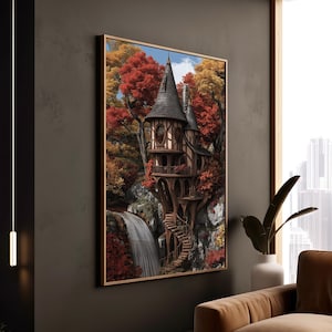 Fantasie Baumhaus am Wasserfall Kunstdruck - Herbstrotes Laub - Impressionistischer Stil - Poster und Leinwand Wanddekoration