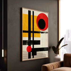 Formes géométriques, art mural abstrait, rouge et jaune, décoration contemporaine, style minimaliste, design audacieux