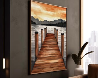 May include: A watercolor painting of a wooden dock extending into a lake with a mountain range in the background. The sky is a vibrant orange and yellow, suggesting a sunset. The water is a calm, light blue.