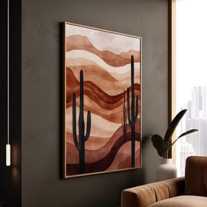 Boho Cactus Print: Earth Tone Desert Landscape, Modern Framed Art