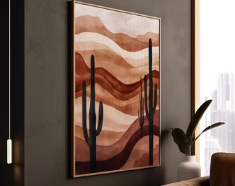 Cactus Wall Art, Boho Desert Landscape, Earth Tone Framed Decor - Living Room