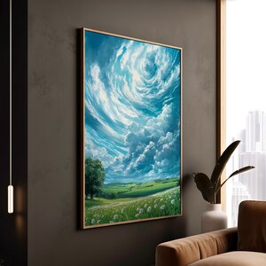 Stampa drammatica del cielo vorticoso su un paesaggio di campo di margherite, decorazione su tela con scena naturale mozzafiato, regalo d'arte incorniciata di campagna pacifica
