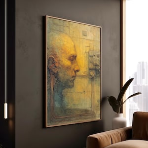 May include: A framed artwork featuring a profile of a human head with a yellow and blue color palette. The artwork has a textured appearance and a vintage aesthetic. The background includes architectural elements and a network of lines, adding depth and complexity to the piece.