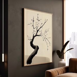 Stampa di rami di fiori di inchiostro grazioso, arte su tela ispirata allo Zen, arte incorniciata serena per interni tranquilli