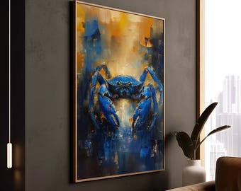Sztuka zodiaku Rak, nadruk z niebieskim krabem, styl horoskopu, wystrój niebiański