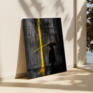 Stampa minimalista di pioggia urbana astratta su tela, arte di silhouette scura, decorazione artistica con cornice suggestiva immagine 4