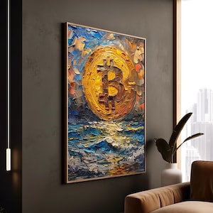 Arte mural de Bitcoin, diseño minimalista de blockchain, elemento decorativo para oficina, decoración cripto
