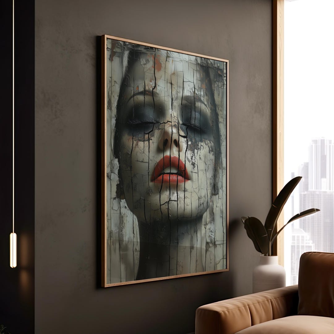 Cracked Style Woman Portrait Art Print: Red Lips Glam Bedroom Decor - Etsy