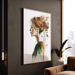 Ritratto di donna serena ad acquerello con capelli fioriti, stampa d'arte botanica astratta per un arredamento tranquillo, decorazione da parete dai toni delicati della terra.