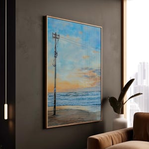 Stampa di palo di servizio al tramonto sulla costa, decorazione di scena di spiaggia, onde serene dell'oceano, cielo pastello su tela, paesaggio marino pacifico, rilassante, arte incorniciata