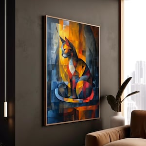 Geometric Cat Art Print Vibrant Mosaic Animal Portrait Wall Decor Canvas Museum Quality Modern Abstract Pet Lover Framed Art