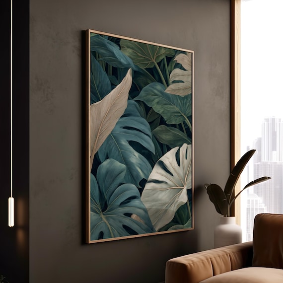 Moody Teal Monstera Leaves Dark Botanical Wall Art Deep Green Tropical  Print for Modern Interiors