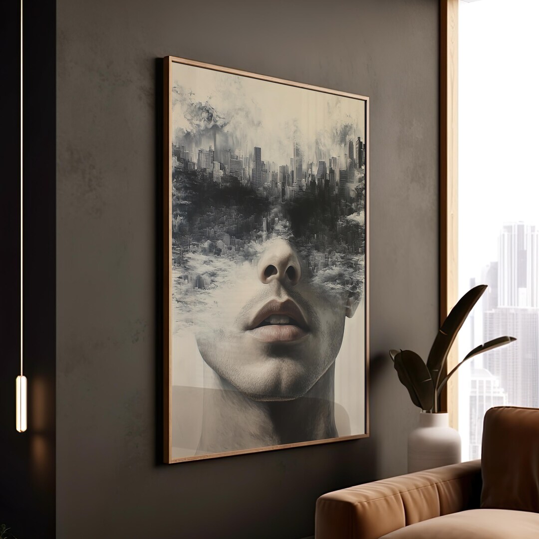 Surreal Cityscape Face Art Print: Abstract Urban Canvas Wall Decor - Etsy