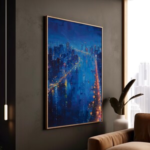 Stampa notturna della città blu, skyline urbano, riflesso su tela, decorazione moderna e vibrante, decorazione da parete, regalo di arte incorniciata per ufficio domestico e rilassante.