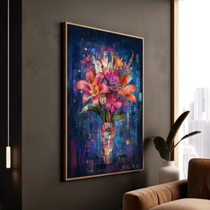 Stampa floreale con bouquet luminoso in design astratto con collage di vasi, arte murale su tela colorata, accattivante arte incorniciata per soggiorni