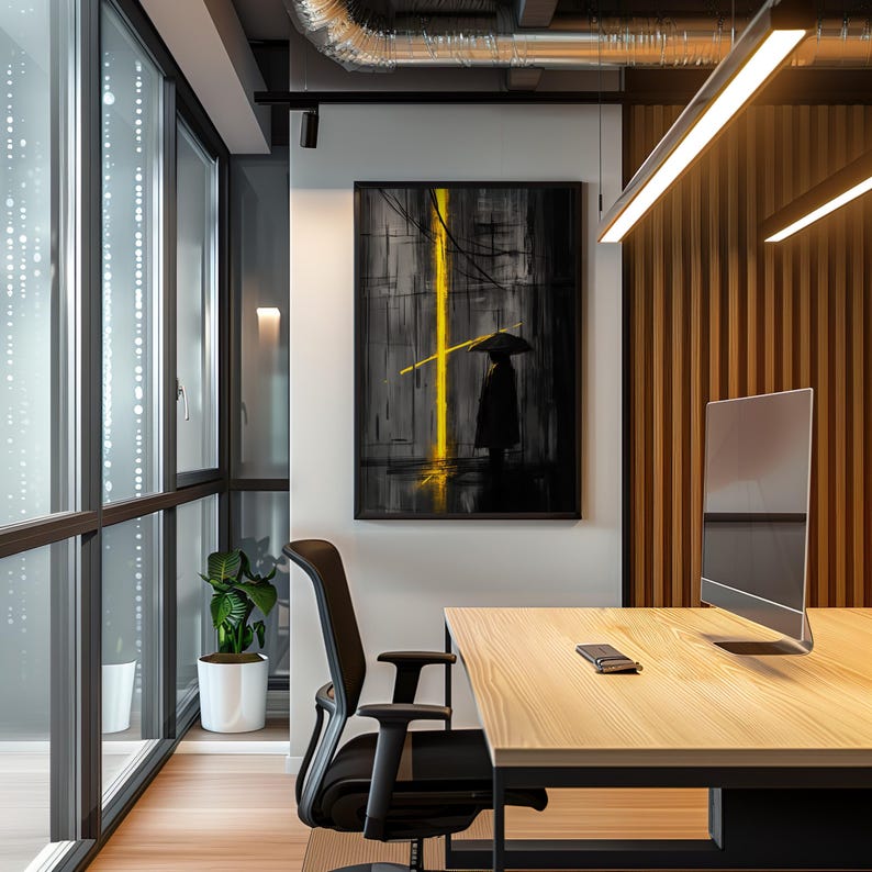 Stampa minimalista di pioggia urbana astratta su tela, arte di silhouette scura, decorazione artistica con cornice suggestiva immagine 9