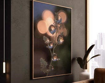 Crystal Dew Orbs on Fern  Macro Nature Photography Print  Golden Bokeh Botanical Wall Art