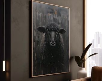 Schwarze Schafe Print: Minimalistische Tier Kunst, Goldakzente Bauernhaus Dekor