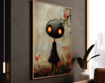 Könnte beinhalten: Gerahmtes Kunstwerk mit einer stilisierten Figur mit großem, dunklem Kopf und leuchtend orangefarbenen Augen. Die Figur trägt ein schwarzes Kleid und steht in einem Feld aus roten und orangefarbenen Blumen. Der Hintergrund hat eine strukturierte, gedämpfte Farbpalette.