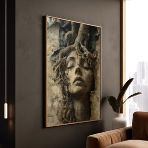 Impression surréaliste de visage de racine d'arbre : décoration murale bohème terreuse