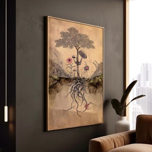 May include: A framed art print featuring a detailed illustration of a tree with visible roots, mushrooms, and flowers. The artwork has a vintage aesthetic with a sepia-toned background and a gold frame. The image is displayed in a modern living room setting.