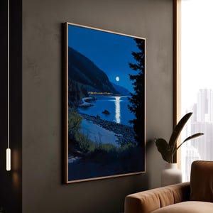 Moonlit Lake Canvas Print: Serene Mountain Landscape Framed Art