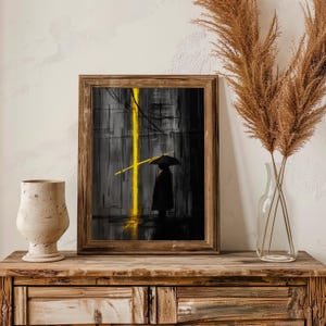 Stampa minimalista di pioggia urbana astratta su tela, arte di silhouette scura, decorazione artistica con cornice suggestiva immagine 5