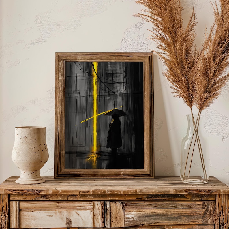 Stampa minimalista di pioggia urbana astratta su tela, arte di silhouette scura, decorazione artistica con cornice suggestiva immagine 5