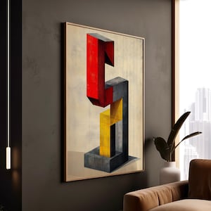 Könnte beinhalten: Abstrakter geometrischer Kunstdruck mit einer dreidimensionalen Skulptur aus roten, gelben und grauen Blöcken. Die Skulptur ist vor einem hellbeigen Hintergrund platziert.