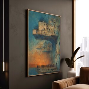 Surreal Apocalyptic Cityscape Art Print: Blue & Orange Giclée Canvas