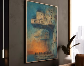 Surrealistisch apocalyptisch stadsgezicht kunstdruk: blauw en oranje giclée canvas