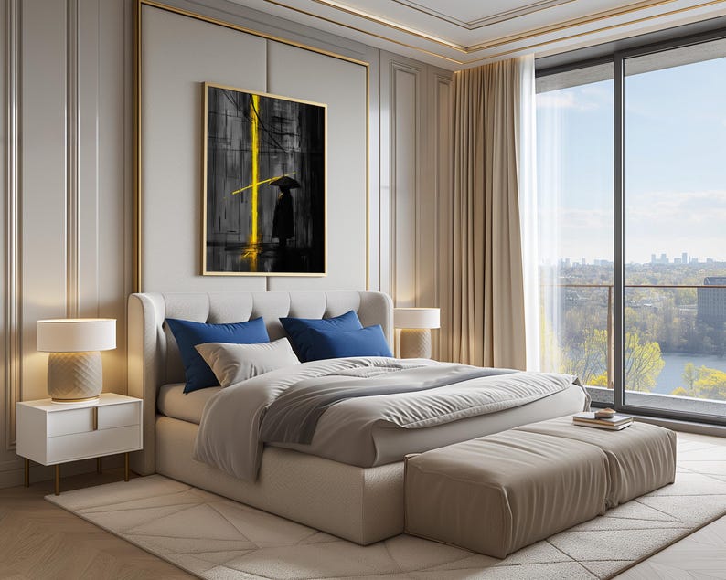 Stampa minimalista di pioggia urbana astratta su tela, arte di silhouette scura, decorazione artistica con cornice suggestiva immagine 3