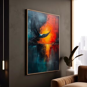 Abstract Bird Print Vibrant Blue Orange Canvas Modern Nature Inspired Decor Bold Colorful Dynamic Statement Framed Art Gift