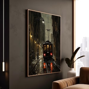 Vintage Tram Nacht Kunst Poster Impressionistische Stadtansicht Regnerisch Straßenlaterne Pinselstriche gerahmter Druck oder Leinwand-Wanddekor
