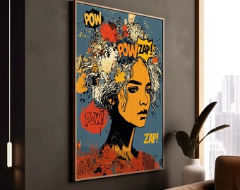 Pop Art Portrait, Poster - Mustard Charcoal Tangerine, Halftone Details, Media Room Decor