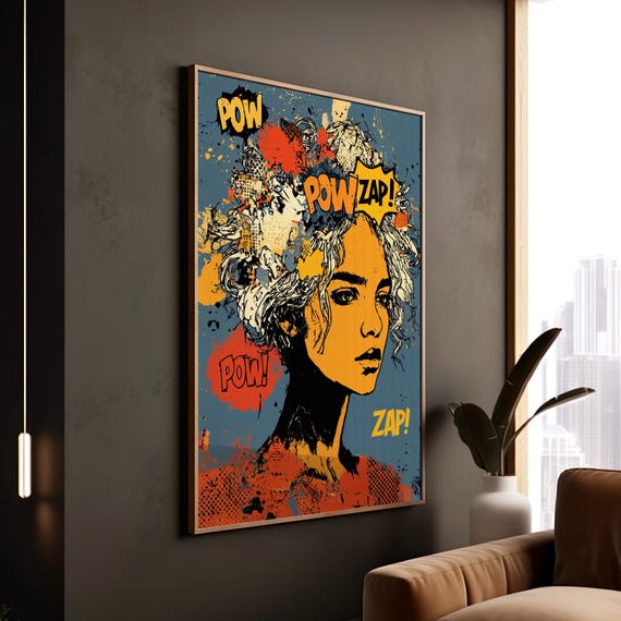 Comic Pop Art Female Portrait, Mustard, Charcoal and Tangerine - Etsy