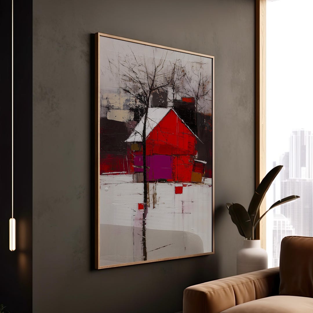 Abstract Red Barn Winter Landscape Print: Modern Farmhouse Canvas Art ...