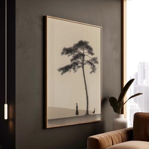 Stampa minimalista di donna con albero di pino, silhouette di ispirazione giapponese, scena su tela, decorazione serena, natura contemplativa, oca, arte incorniciata, zen
