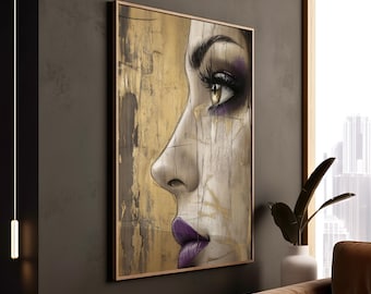 Elegant Woman Profile Print with Gold and Purple Textured Style, Luxurious Canvas Decor, Glamorous Framed Art for Interiors